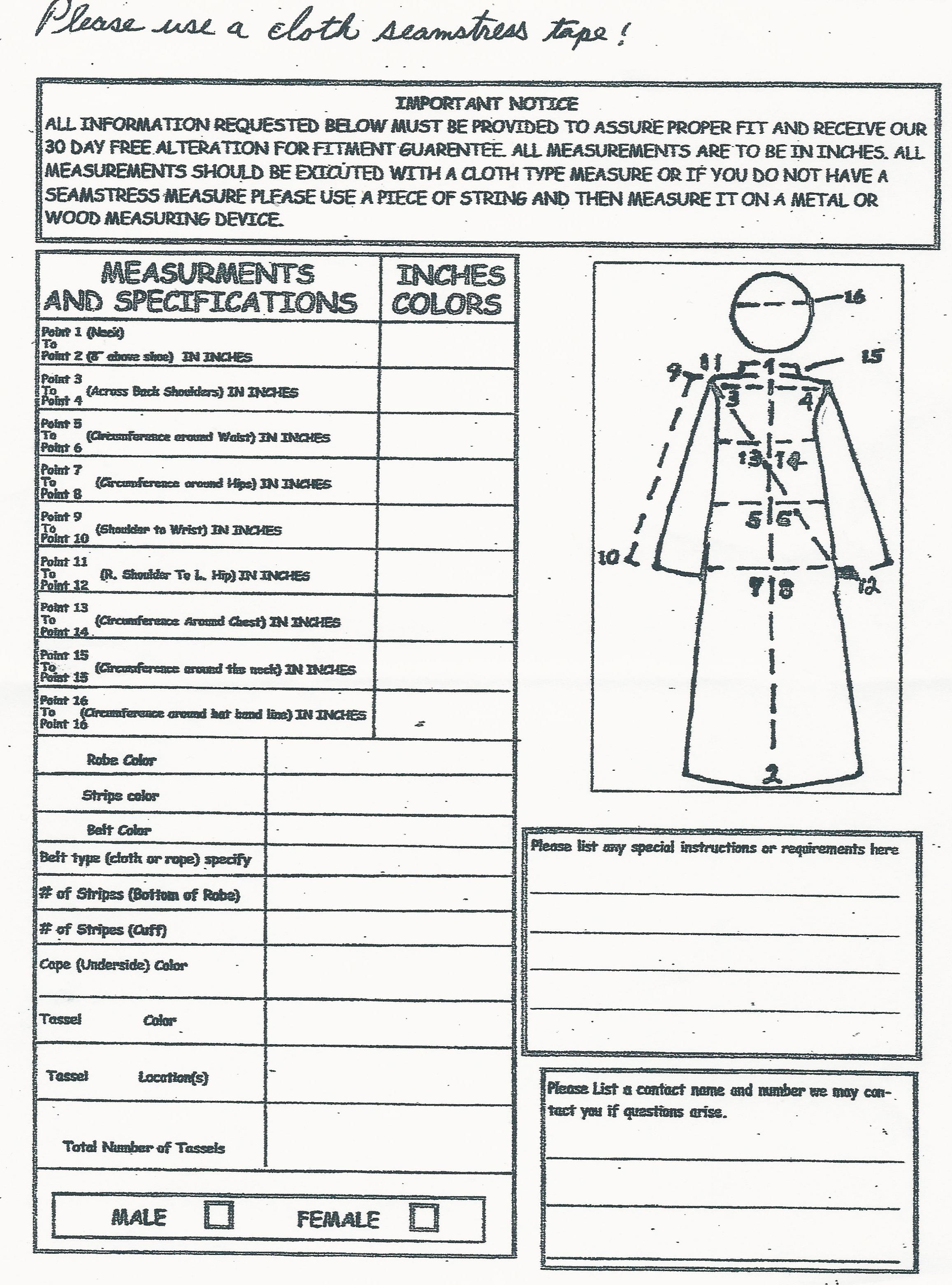 Size Chart for measuring yourself for a robe